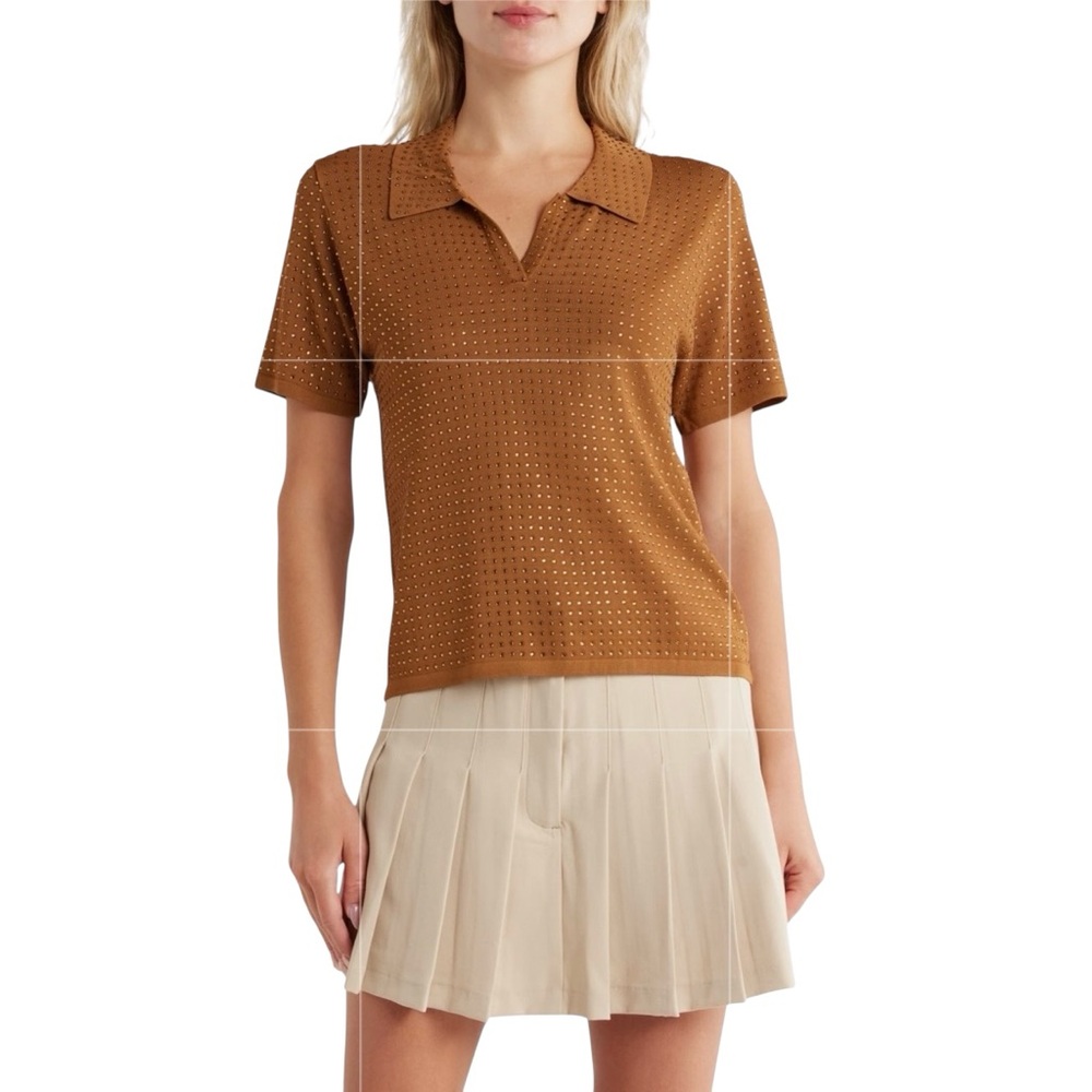 Jason Wu Bejeweled Crop Polo Soft Viscose Blend Sweater Nwt S Bronze